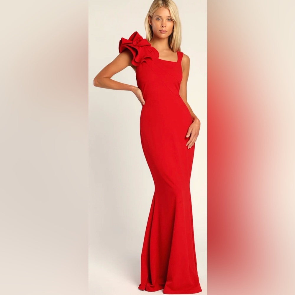 Lulus Lucette Red Sleeveless Ruffled Mermaid Maxi Dress Sz Small